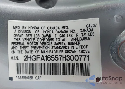 2007 Honda Civic Lx from USA, damaged, VIN 2HGFA16557H300771